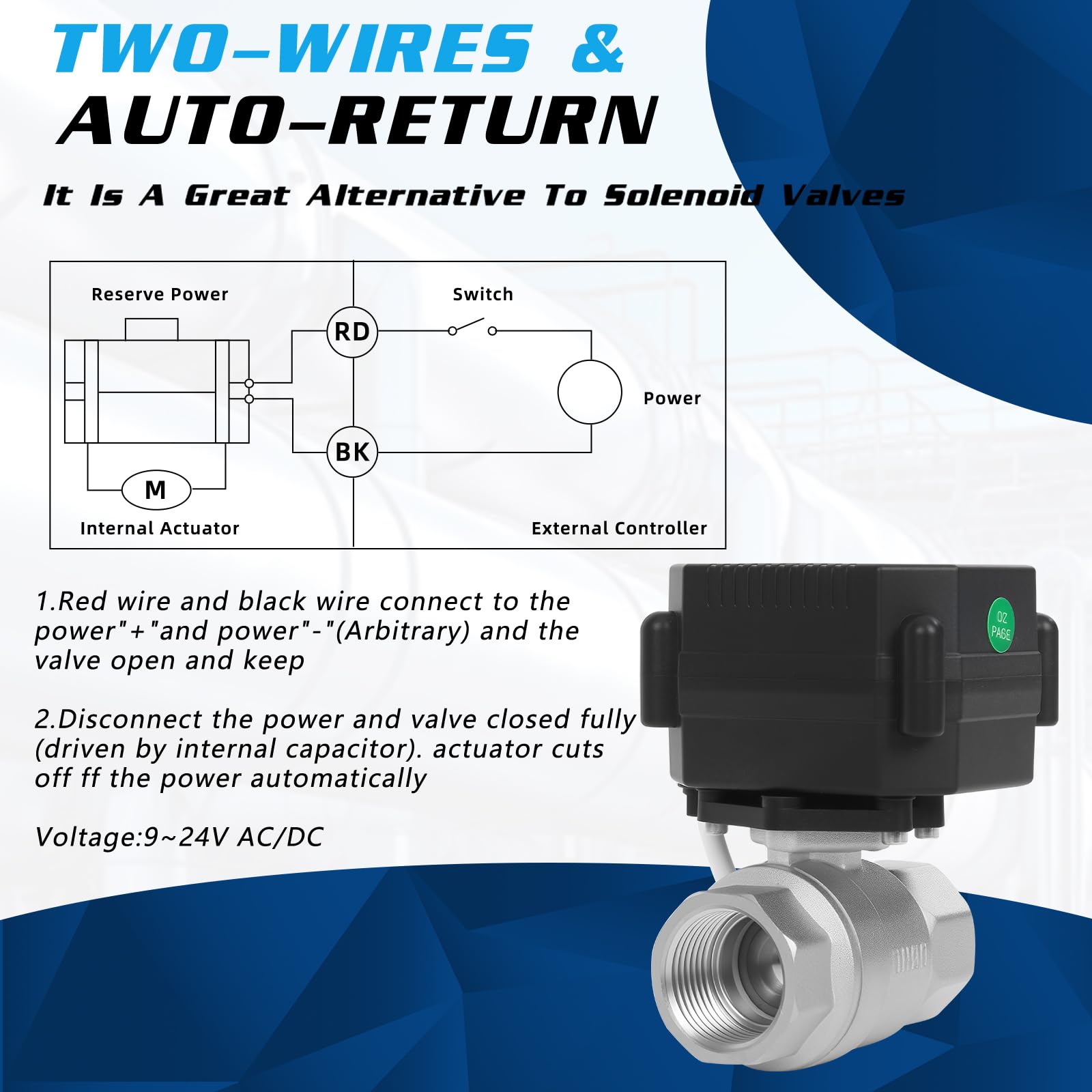 U.S. Solid Motorized Ball Valve- 3/4" Brass Ball Valve with Standard Port, 9-24V AC/DC and 2 Wire Auto Return Setup (Pack of 12) thumbnail 10