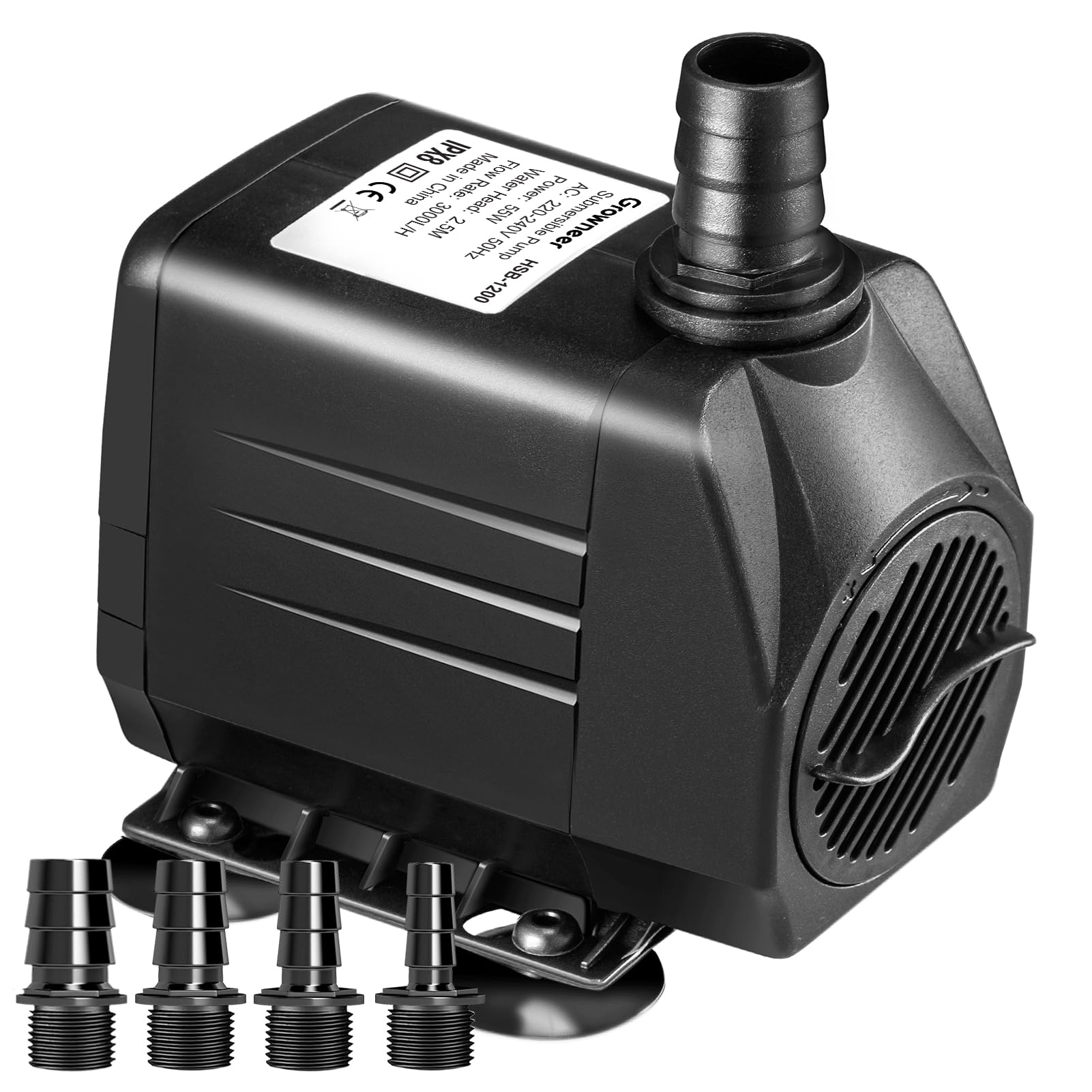 Growneer Black Submersible Water Pump 55W 3000L/H Ultra Quiet Aquarium Pump 4 Nozzles For Fountains, Fish Tank, Pond, Statuary And Hydroponics, High Lift 2.5M