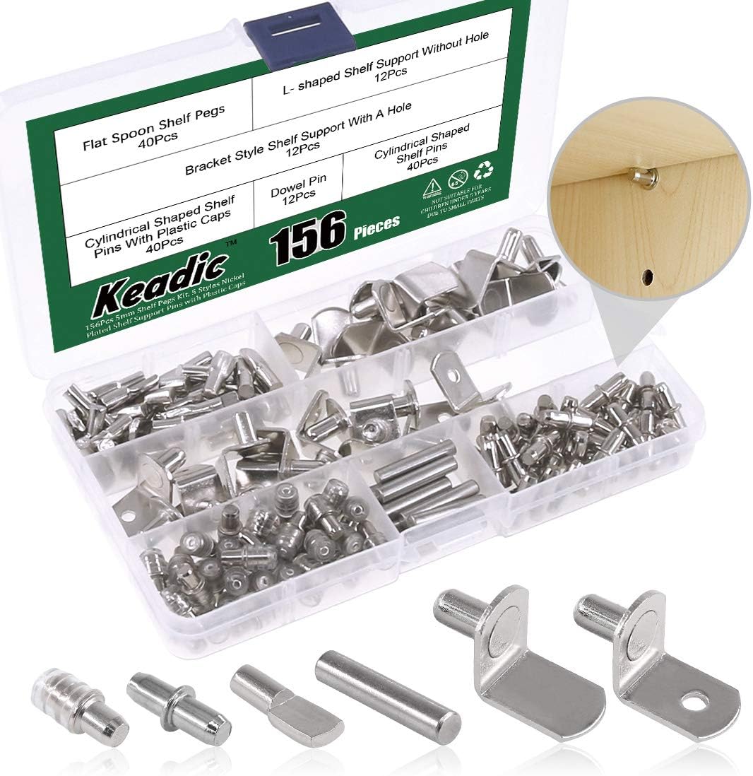 Keadic 156Pcs 5mm Shelf Pegs Kit, 5 Styles Nickel Plated Shelf Support Pins with Plastic Caps for Kitchen Cabinet Bookcase Furniture and More