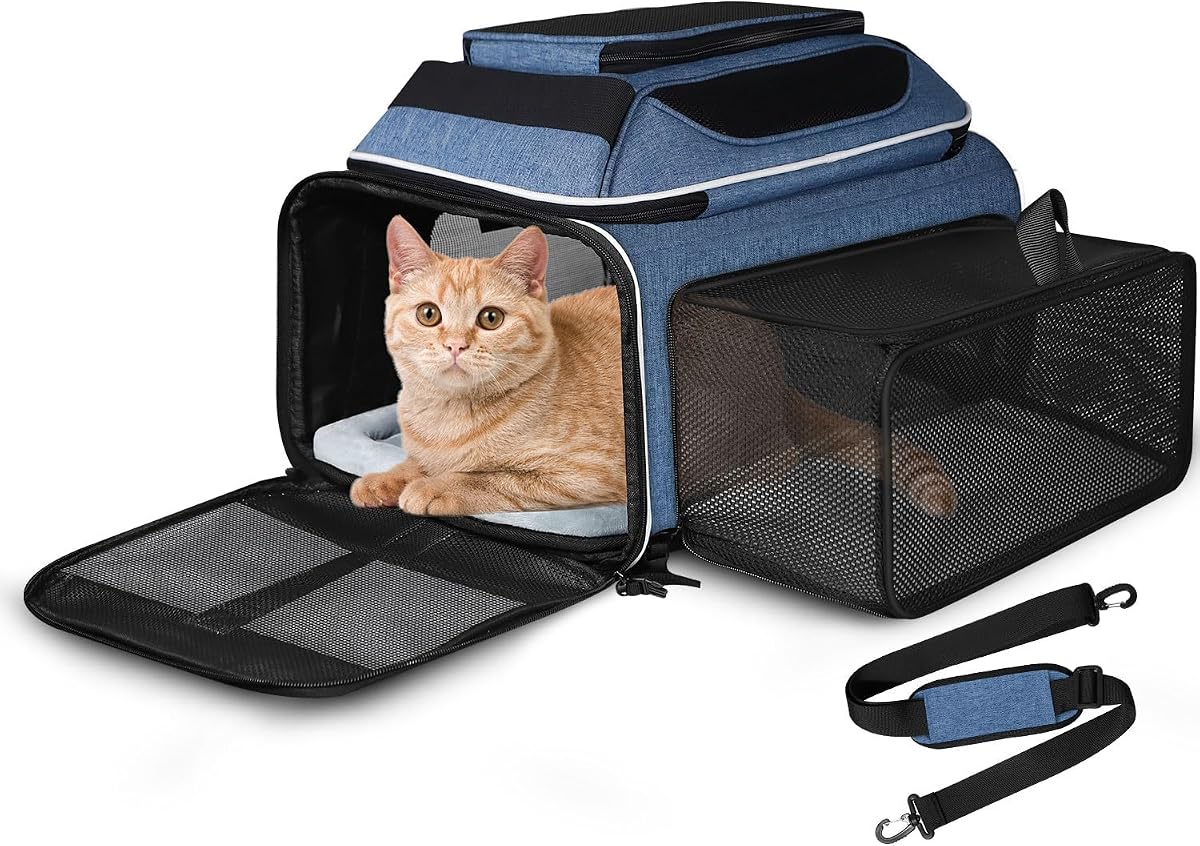 Top and Side Expandable Small Pet Carrier Airline Approved, Blue | 17"Lx12"Wx8.5"H, for JetBlue/Frontier/Spirit Airlines, Pets Under 8 Lbs, Lockable Zippers, Soft-Sided, Anti-Scratch Mesh