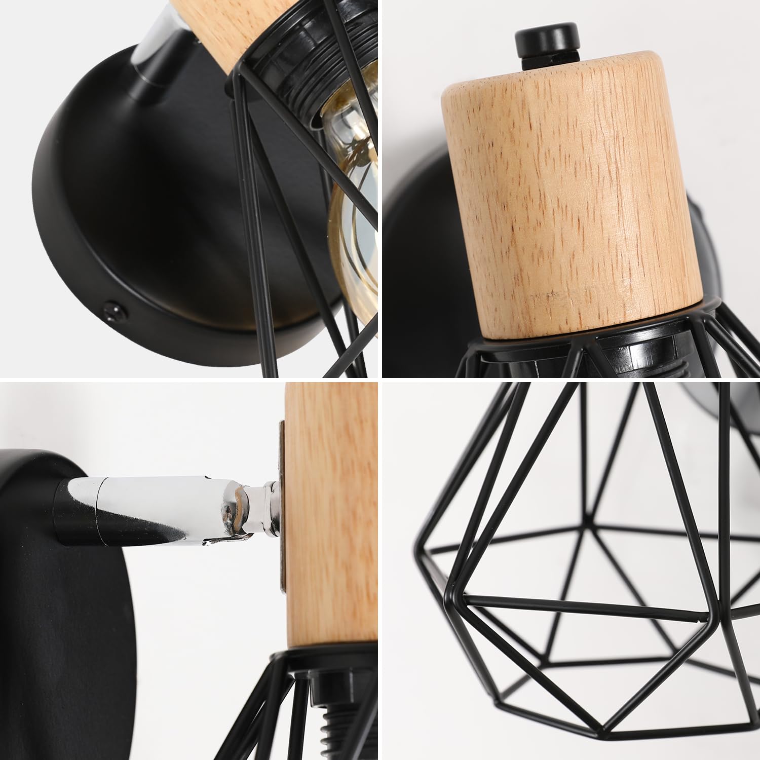 Comely Lampada da Parete Vintage, E27 Applique da Parete in Metallo e Legno, Regolabile Lampada a Muro Retrò per Soggiorno, Cucina, Sala da Pranzo e Camera da Letto