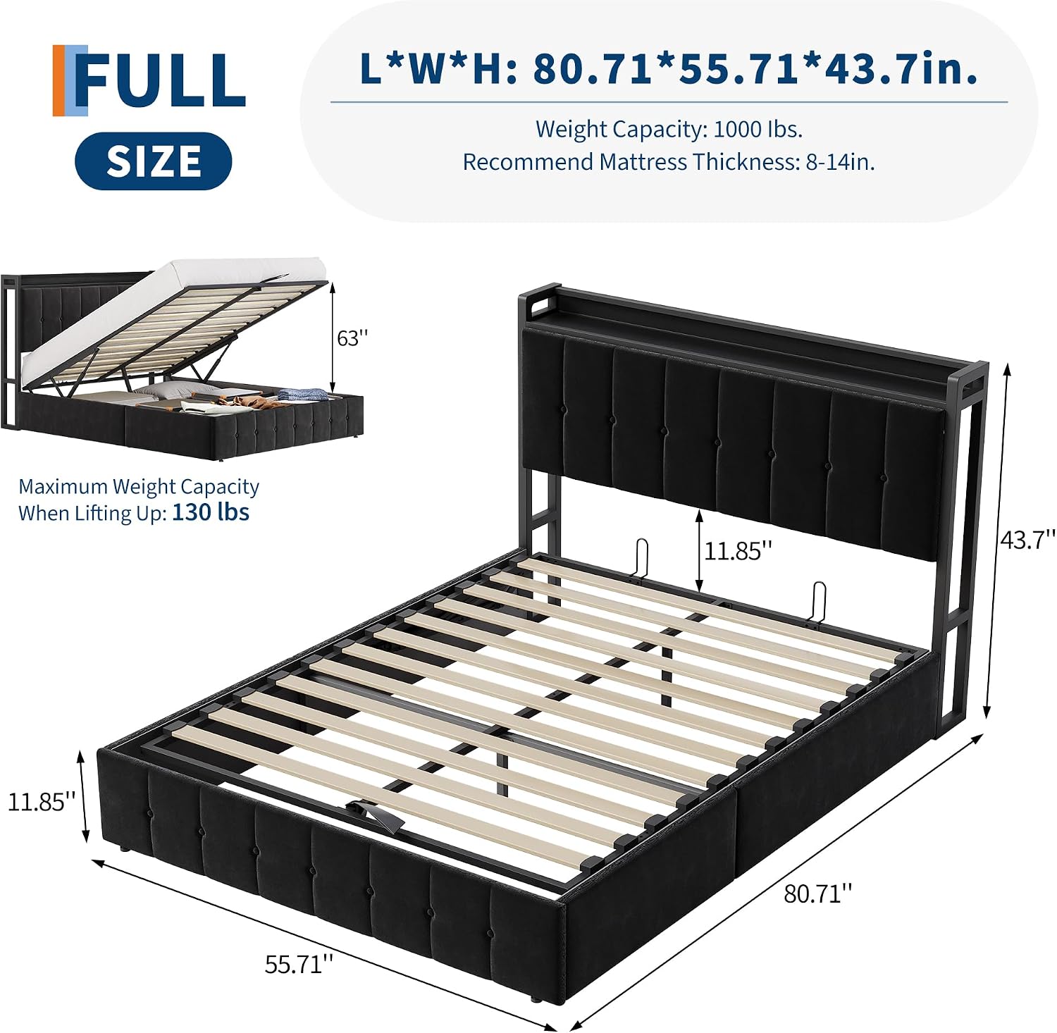IDEALHOUSE Full Bed Frame with Lift Up Storage, Upholstered Velvet Bed with Storage Headboard, Metal Platform Bed, Button Tufted Headboard, No Box Spring Needed, Solid Wooden Slats, Black