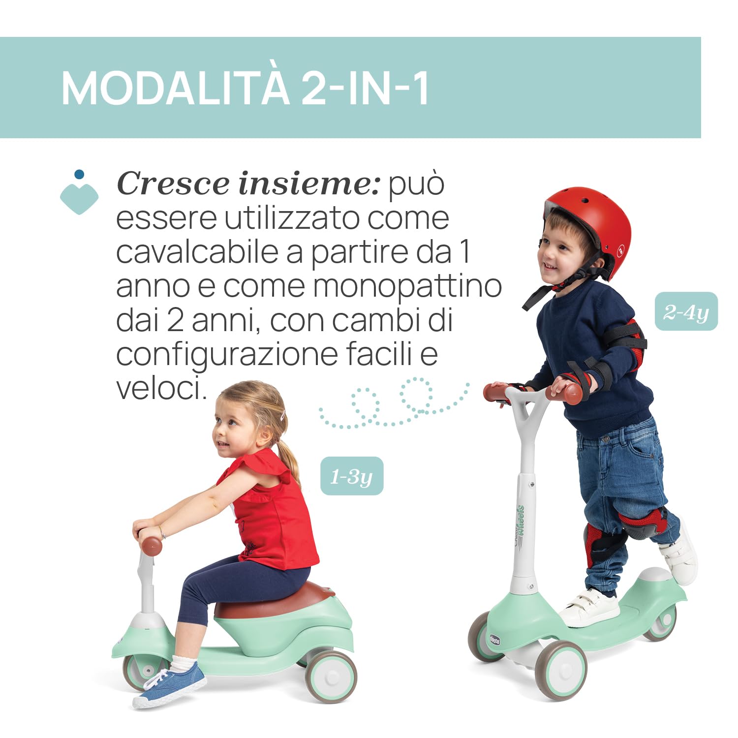 Chicco Monopattino Evolutivo 2 in 1, Cavalcabile da 1 Anno, Monopattino dai 2 Anni, Portata Max 20 kg, Manubrio Sterzante e Ruote Gommate, Leggero e Facile da Trasportare, Cavalcabile per Bambini