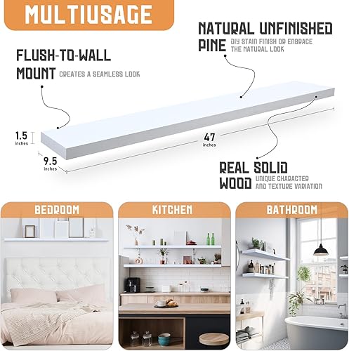 Vista 12 de Sasylvia 4 estantes flotantes extralargos para pared, estantes rústicos gruesos para decoración de pared, estantes colgantes de madera para Marrón