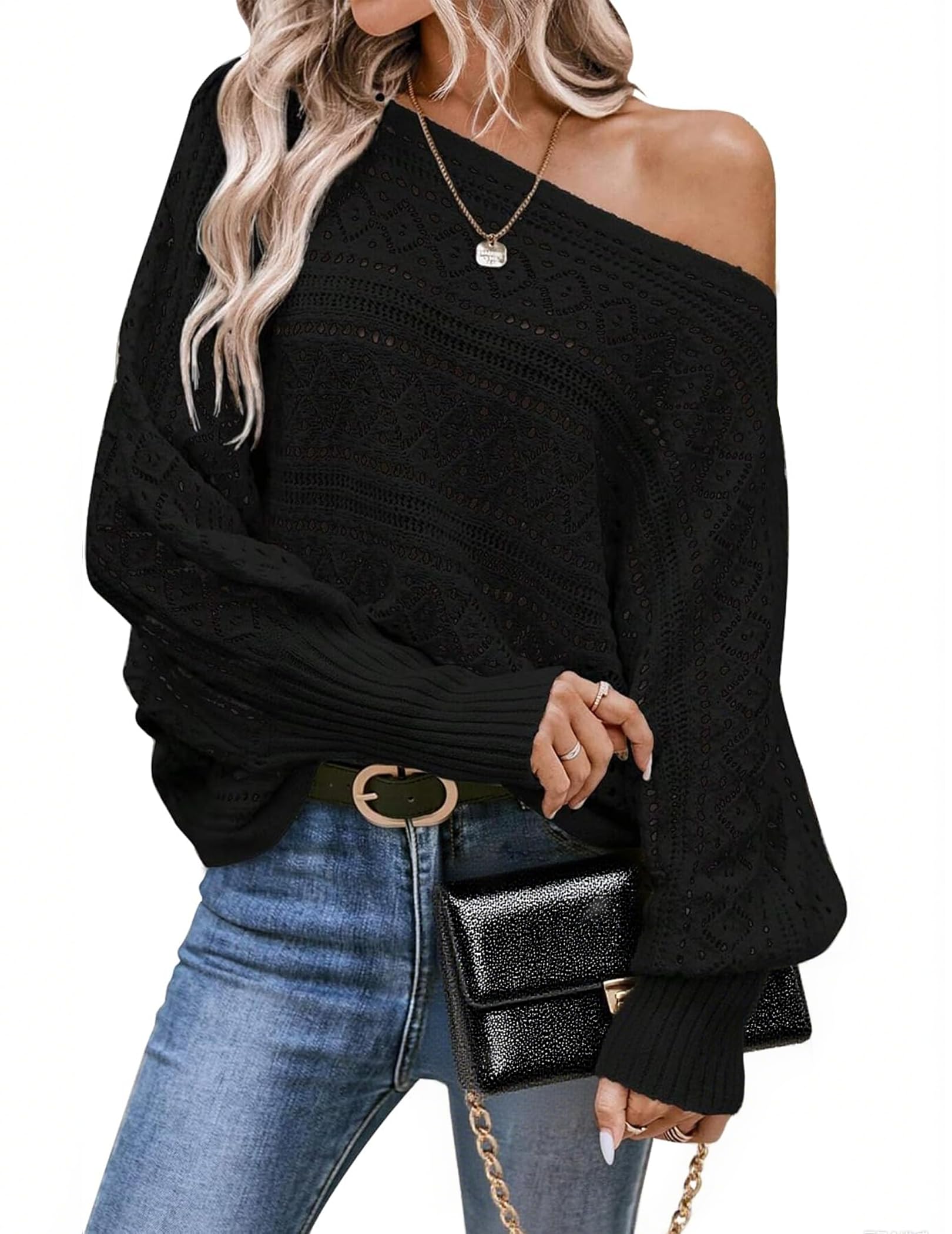 Womens Off Shoulder Sweaters Cute Batwing Crochet Sexy Slouchy Sweater Tops Fall Fashion 2025 Trendy Clothes
