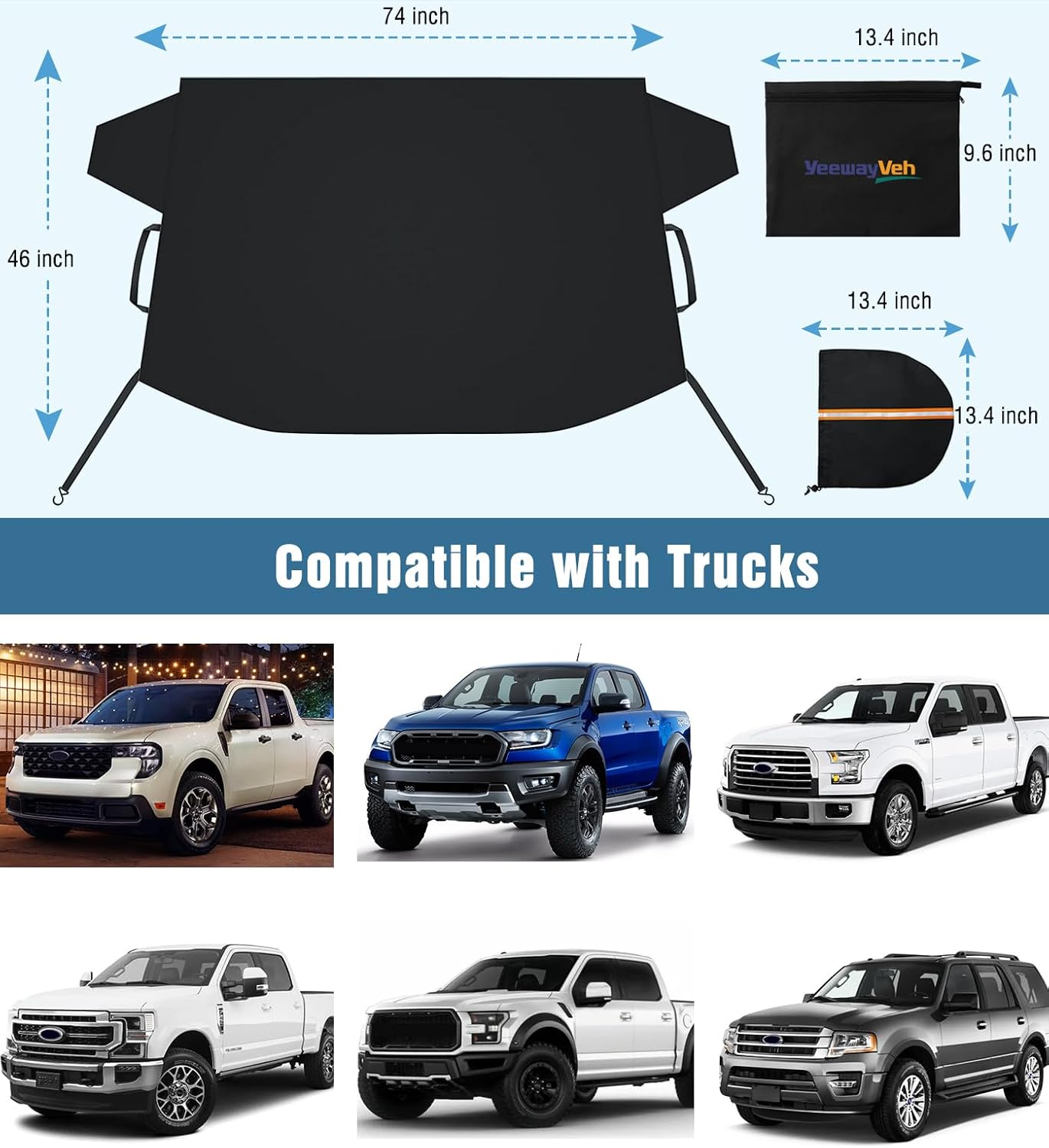 YeewayVeh トラックフロントガラスカバー 氷と雪用 厚手 650D オックスフォード生地 車用フロントガラススノーカバー フ