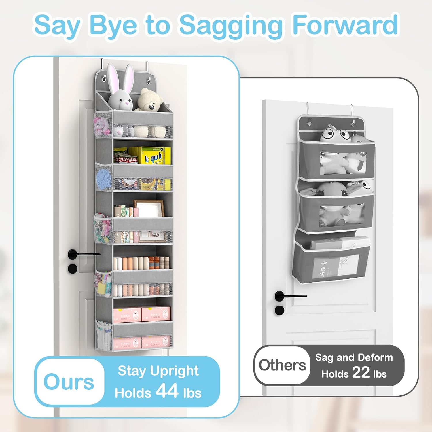 LAMU 5-Tier Over The Door Organizer Hanging, Swing - Proof Closet Behind Door Storage for Baby Clothes, Back of Door Organizers for Bedroom, Nursery and Bathroom, Grey, 2 Pack
