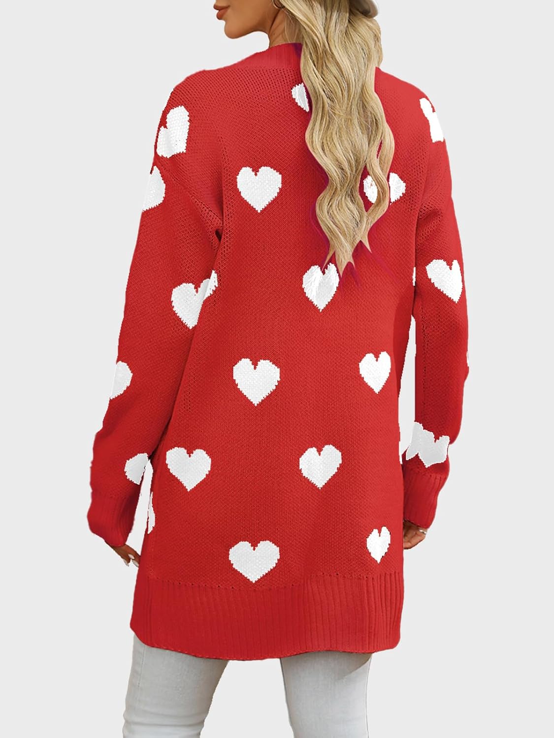 HOULENGS Women's Cute Heart Long Cardigan Sweaters V Neck Ribbed Knit Open Front Sweater Coats with Pockets - Image 2