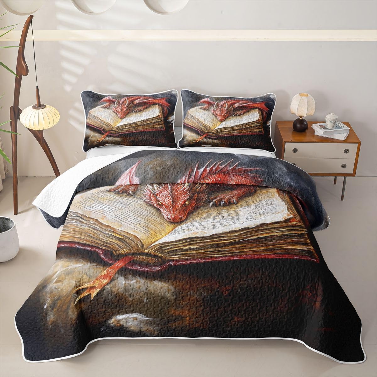 Homewish Western Red Dragon podwójna kołdra zestaw 3-częściowy | Western Animal egzotyczna narzuta na łóżko całoroczne retro książki nadruk narzuta zestaw elegancki styl pikowana pościel