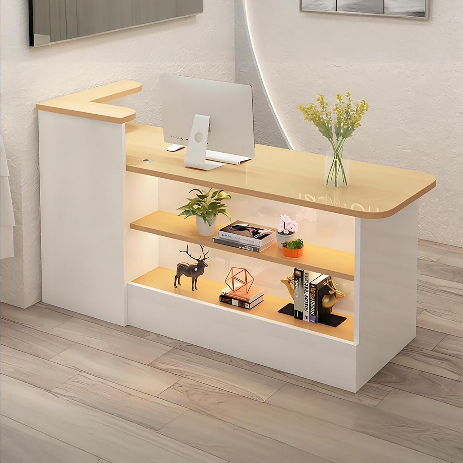 Modern Reception Desk with Display Shelves,Front Counter Table with Storage,Front Desk for Salons, Offices, Lobbies, Retail Stores and Cafes,Multiple Sizes & Colors