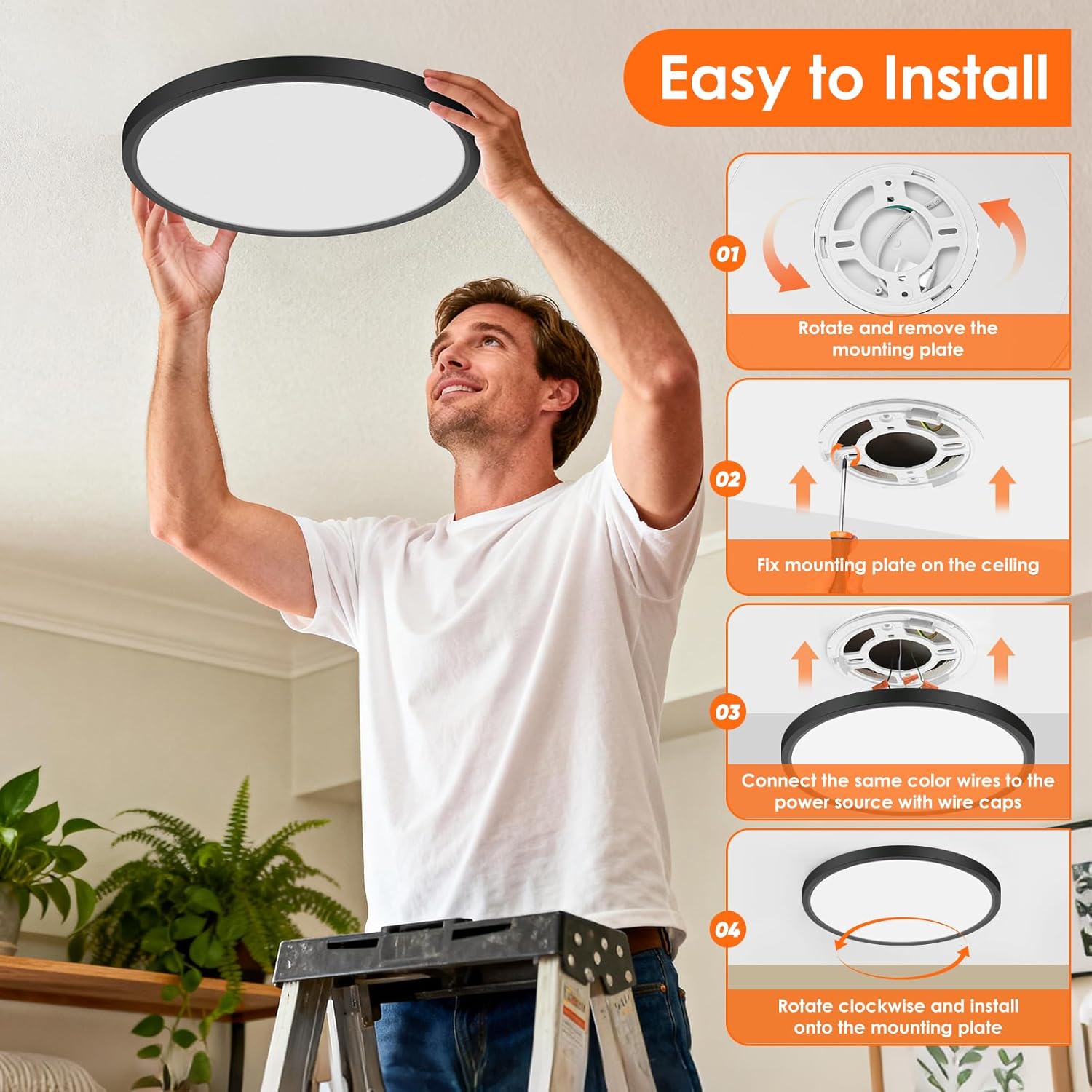 Brightever 12 Inch Black LED Flush Mount Ceiling Lights, 28W 3200LM, Ultra Thin 0.67 Inch Close to Ceiling Light Fixtures, 5000K Daylight Dimmable Flat Ceiling Lamp for Dining Room, Garage, 6 Packs