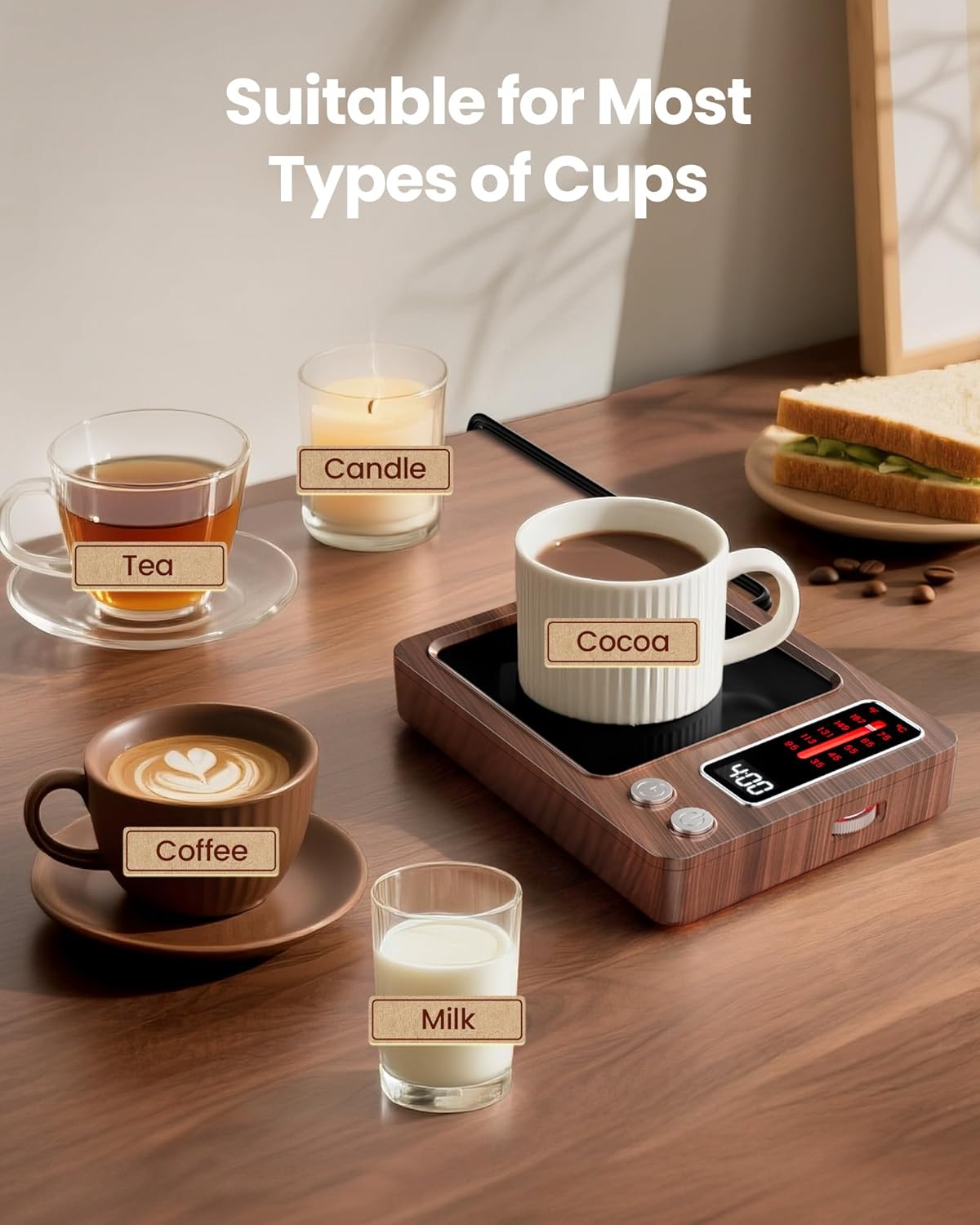 Gaiatop Coffee Mug Warmer shown with various cups and a candle, illustrating its versatility for different beverages and uses.