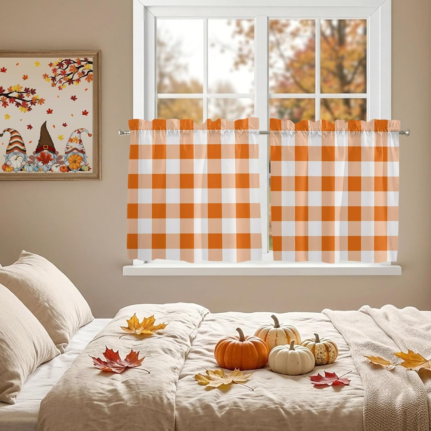 Orange Checkered Window Tier Curtains 24 Inch Length, Thanksgiving Fall Buffalo Plaid Rustic Rod Pocket Window Treatment Kitchen Drapes for Bedroom, Cafe, Living Room, Bedroom, 2 Panels, 27.5 W x 24 L