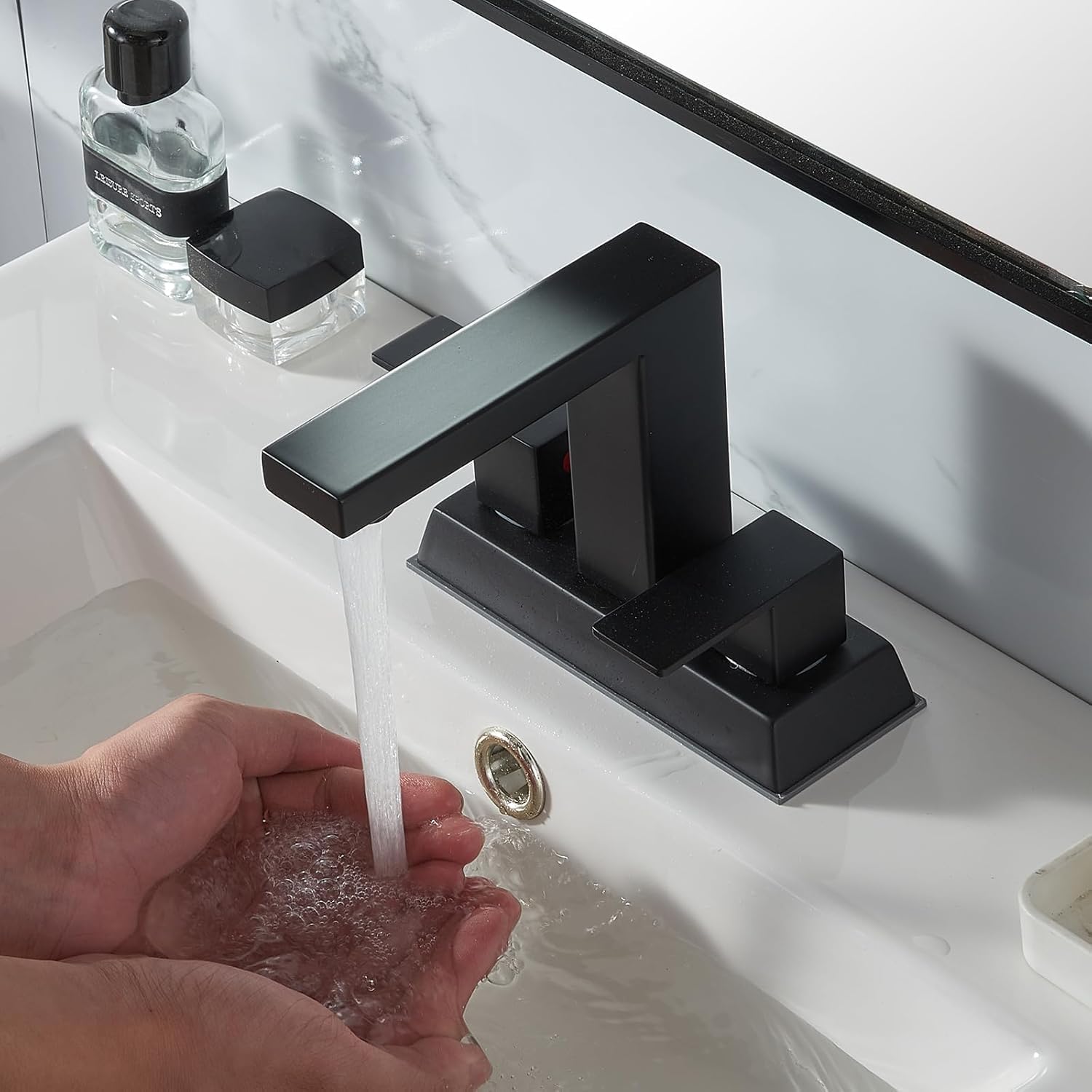 KINGO HOME Black 2 Handle Centerset Bathroom Faucet,Matte Black 4 Inch Bathroom Sink Faucet Modern Vanity Faucets for Sink 3 Hole Lavatory Bath Faucet with Lead-Free Supply Hose and Pop up Drain