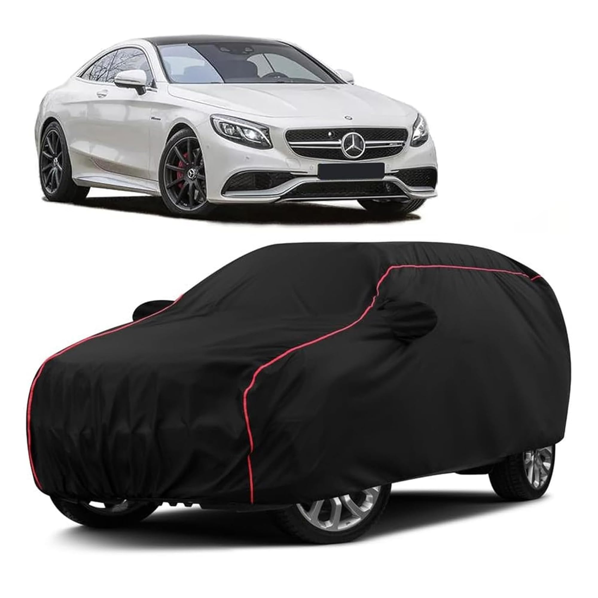 Sulfar 100% Water Resistant Car Body Cover Compatible with Mirror for Mercedes Benz S500 (Triple Stitched, Full Bottom Elastic, Black with Red Piping)