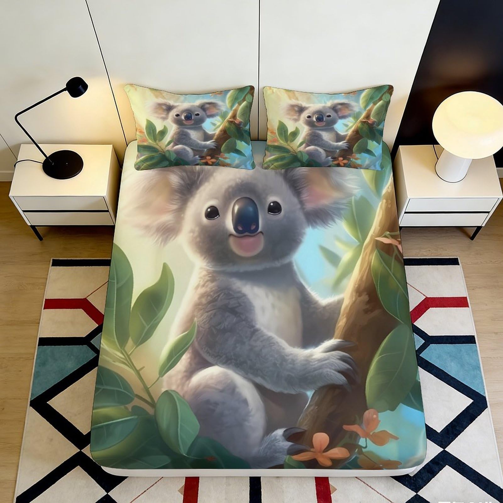 3D Printed Koala Forest Fitted Sheet Microfiber Soft Non-slip Bed Sheet for Bedroom Dorm Mattress Decor 90x200x25cm