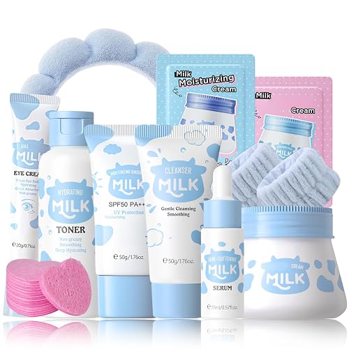 Milk Skincare Sets for Teen Girls - Skin Care Kit Nourishing - Moisturizing Skin Care Set - Firming Skin Care Routine Kit for Women - Skin Care Gift Set - with Sunscreen,Serum,Toner,Eye Cream