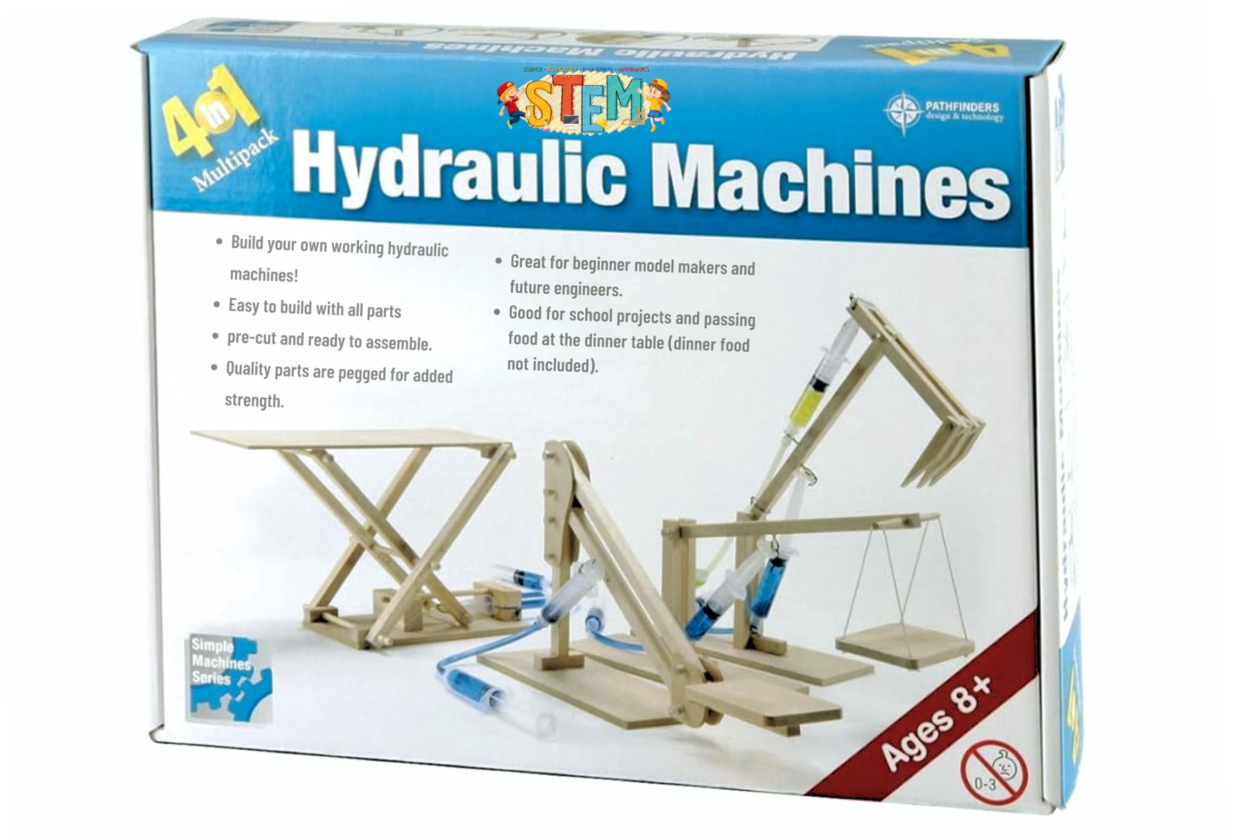 PATHFINDERS STEM Kit- Hydraulics 4-in-1- Build 4 Hydraulic Machines | Engineering Model Kit for Kids 8+ | Educational Science Toy | Learn Physics & Mechanics | Wooden DIY Project
