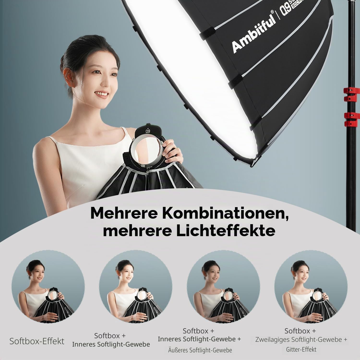 Ambitful 120 cm Schnellwechsel-Parabol-Softbox, Hexadecagon Bowens-Softbox mit 2 Diffusoren und Wabengitter, Tragetasche, kompatibel mit Studio Speedlite Flash und Monolight