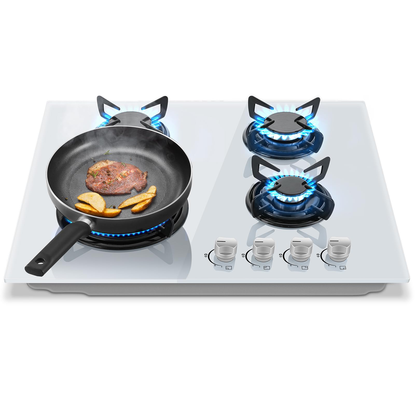 Placa de cocción con 4 fuegos de gas, TopStrong de cristal empotrable de 60 cm, hornillo de gas natural/propano, cristal blanco, protección Flame-Out, parrillas esmaltadas, 8060 W
