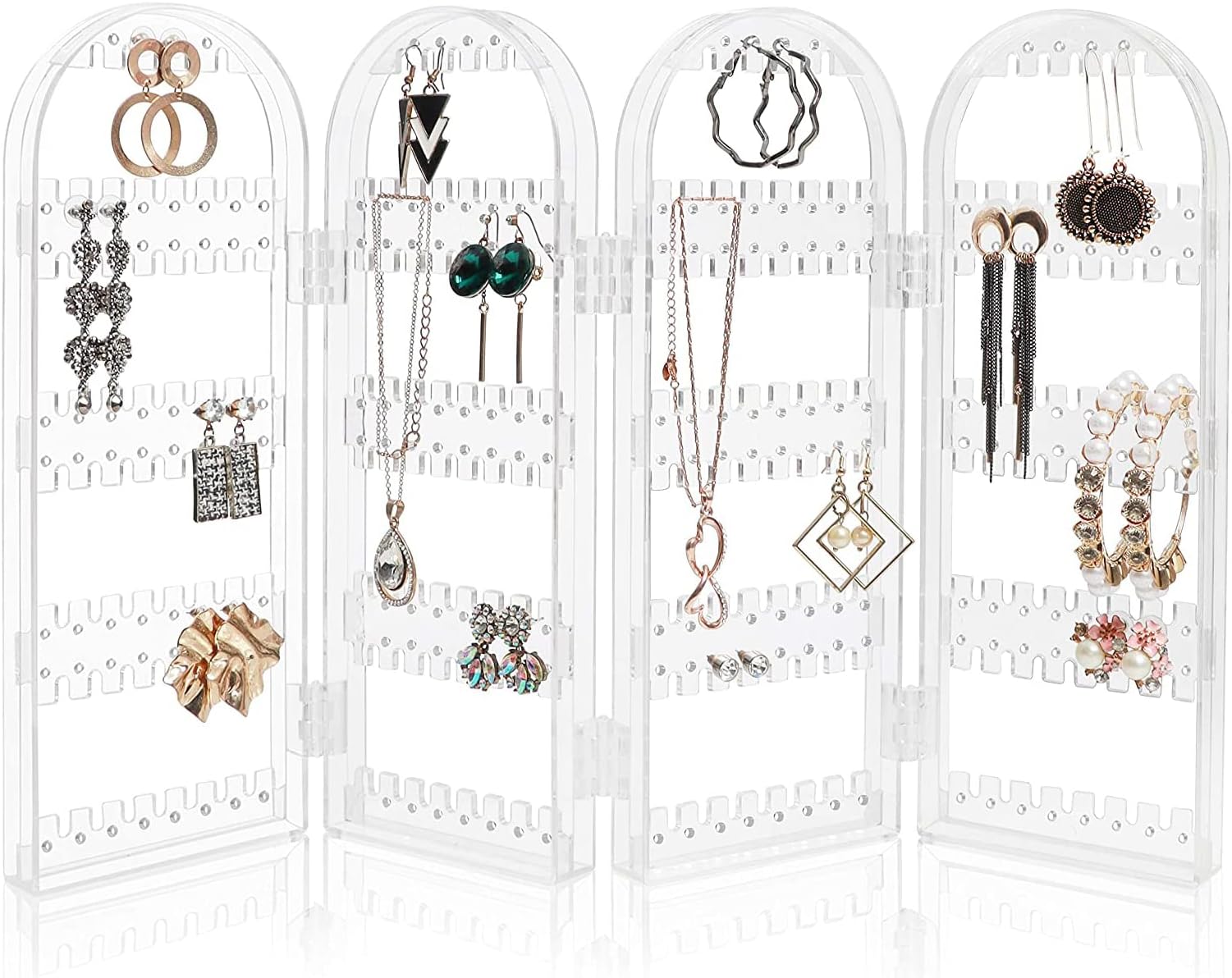 OFRANK 260 Holes Acrylic Earrings Holder for Women,4 Doors Foldable Screen Necklace Display Rack,Hanging Jewelry Organizer Double Sided Stand Display,Clear
