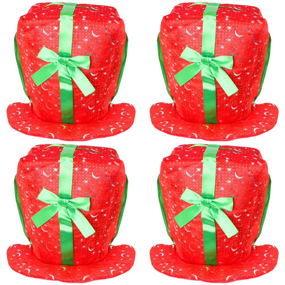 HAT - PACK OF 4 ADULTS RED HATS WITH GREEN BOW AND SPARKLE DESIGN - FUNNY MENS LADIES CHRISTMAS NOVELTY FANCY DRESS HAT ACCESSORY