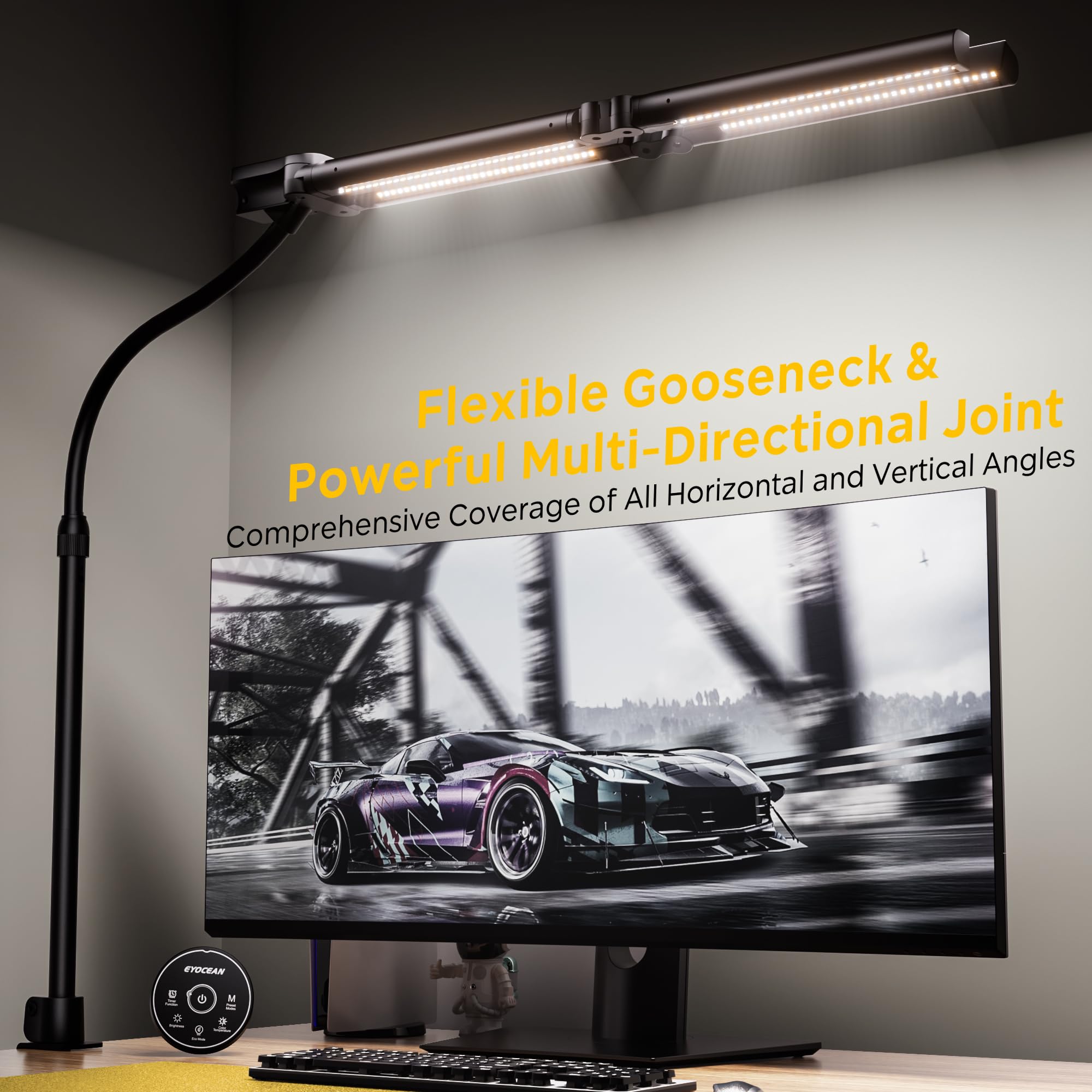 EYOCEAN Schreibtischlampe, 4 Lichtquellen, Teleskopstange mit Einstellbarer Höhe, 24W 100cm Tageslichtlampe Schreibtisch mit Fernbedienung, Dimmbare Monitor Lampe, Schwanenhals Büro Tischlampe