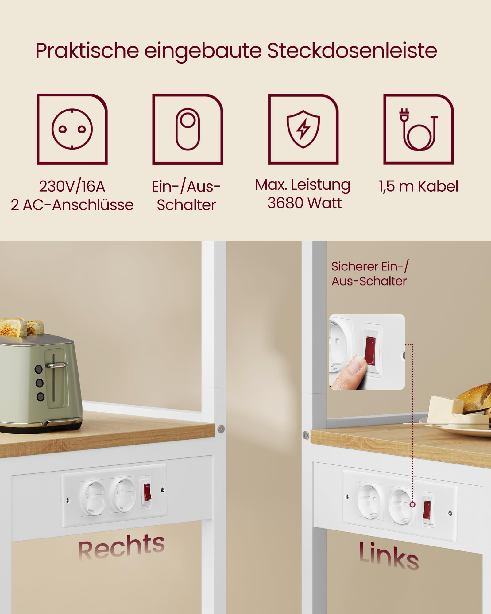 VASAGLE Küchenregal mit Steckdosen, Standregal, Kaffeebar mit 4 Ebenen und 8 S-Haken, Mikrowellen-Regal, verstellbare Ablage, 40 x 45 x 140 cm, goldeichenfarben-wolkenweiß KKS013YA02