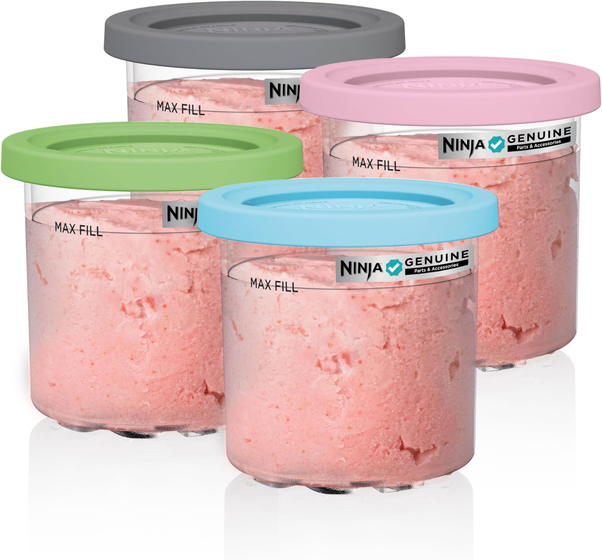 Creami Pints 4 Pack, Compatible with NC299AMZ & NC300s Series Creami Ice Cream Makers, Genuine Ninja Pint, BPA-Free & Dishwasher Safe, Color Lids, Clear/Grey/Lime/Pink/Aqua, XSKPLD4BCD​