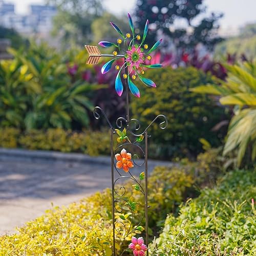 Miniatura 9 de DREAMYSOUL Molinillos de viento al aire libre de 33 pulgadas, escultura de viento de metal, impermeable, fluorescencia, para decoración de jardín,