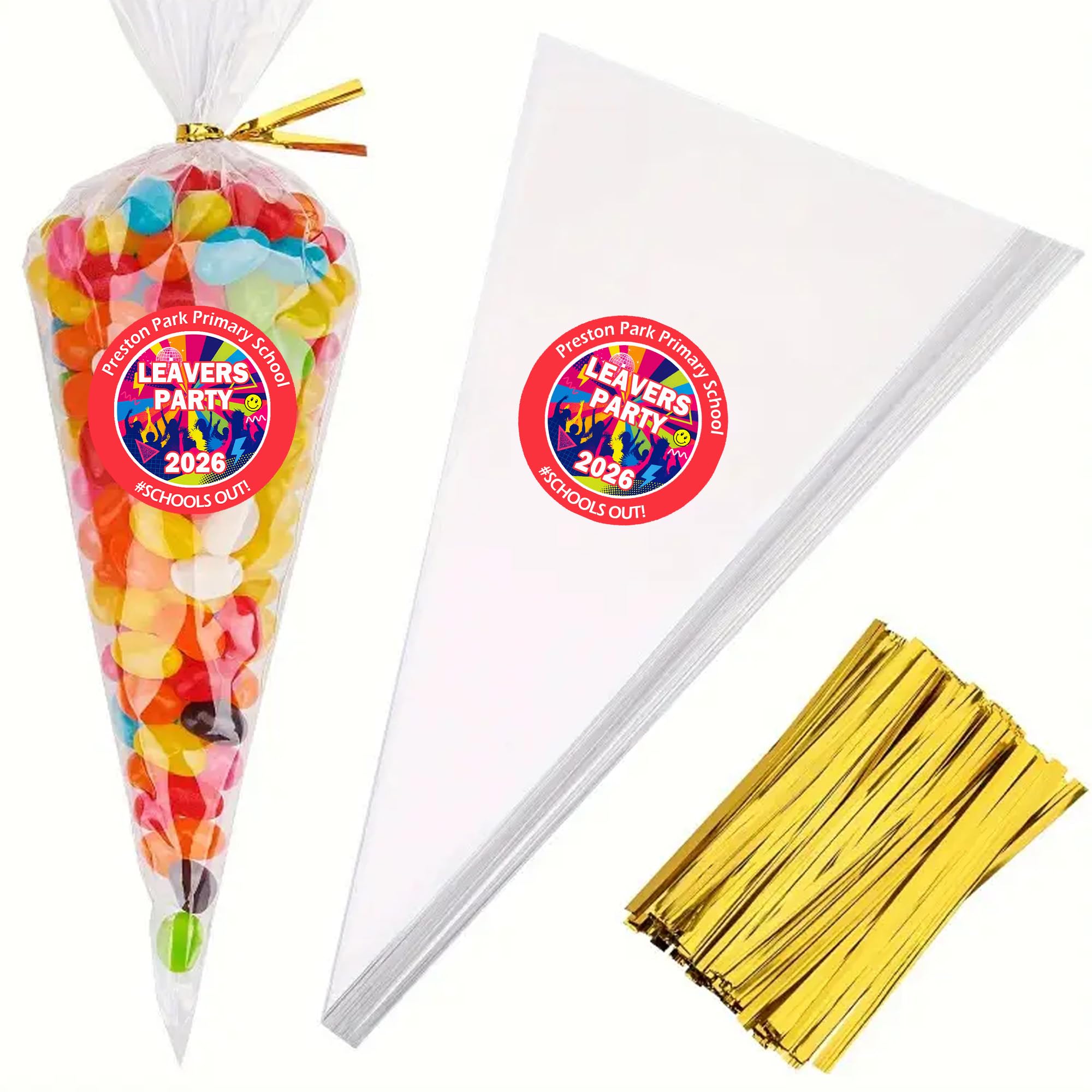 Personalised Class of 26 Leavers Party Stickers – Round Labels for Party Bags, Keepsakes, or Celebration Favours – Memorable Graduation Send-Off - 24 Stickers & 24 Unfilled Cones - Red