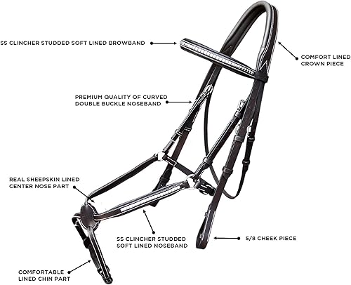 Miniatura 4 de Exion - Brida de piel inglesa de alta calidad con banda de nariz y banda para la ceja plateada  Pieza de corona anatómica acolchada suave  Riendas