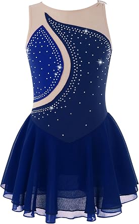 Kids Girls Glittery Figure Ice Skating Dress Mesh Splice Ballet Leotard Competition Dance Costume