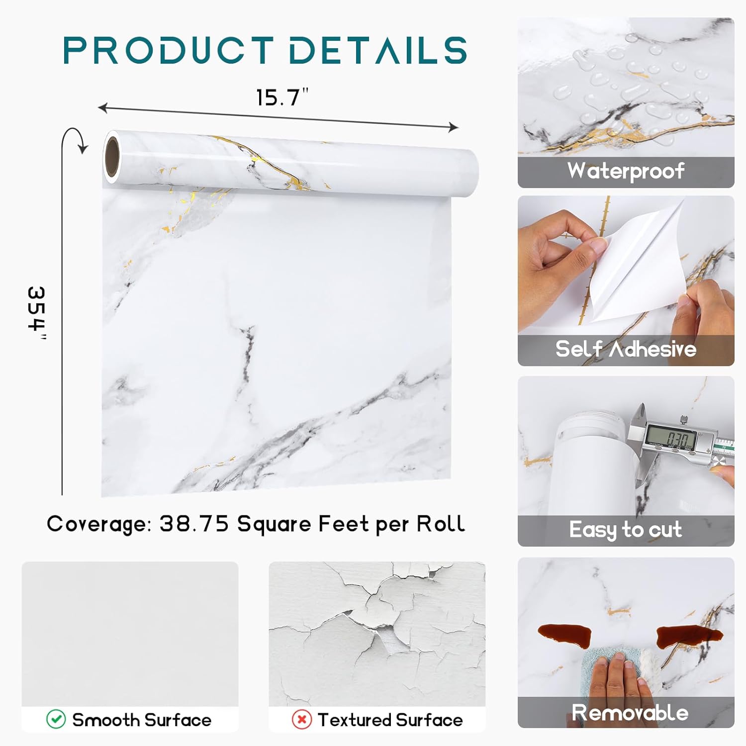 VEELIKE Gold White Marble Countertop Contact Paper Thick Counter Top Peel and Stick Waterproof Marble Contact Paper for Countertops 15.7''x354'' Self Adhesive Counter Wallpaper for Kitchen Bathroom