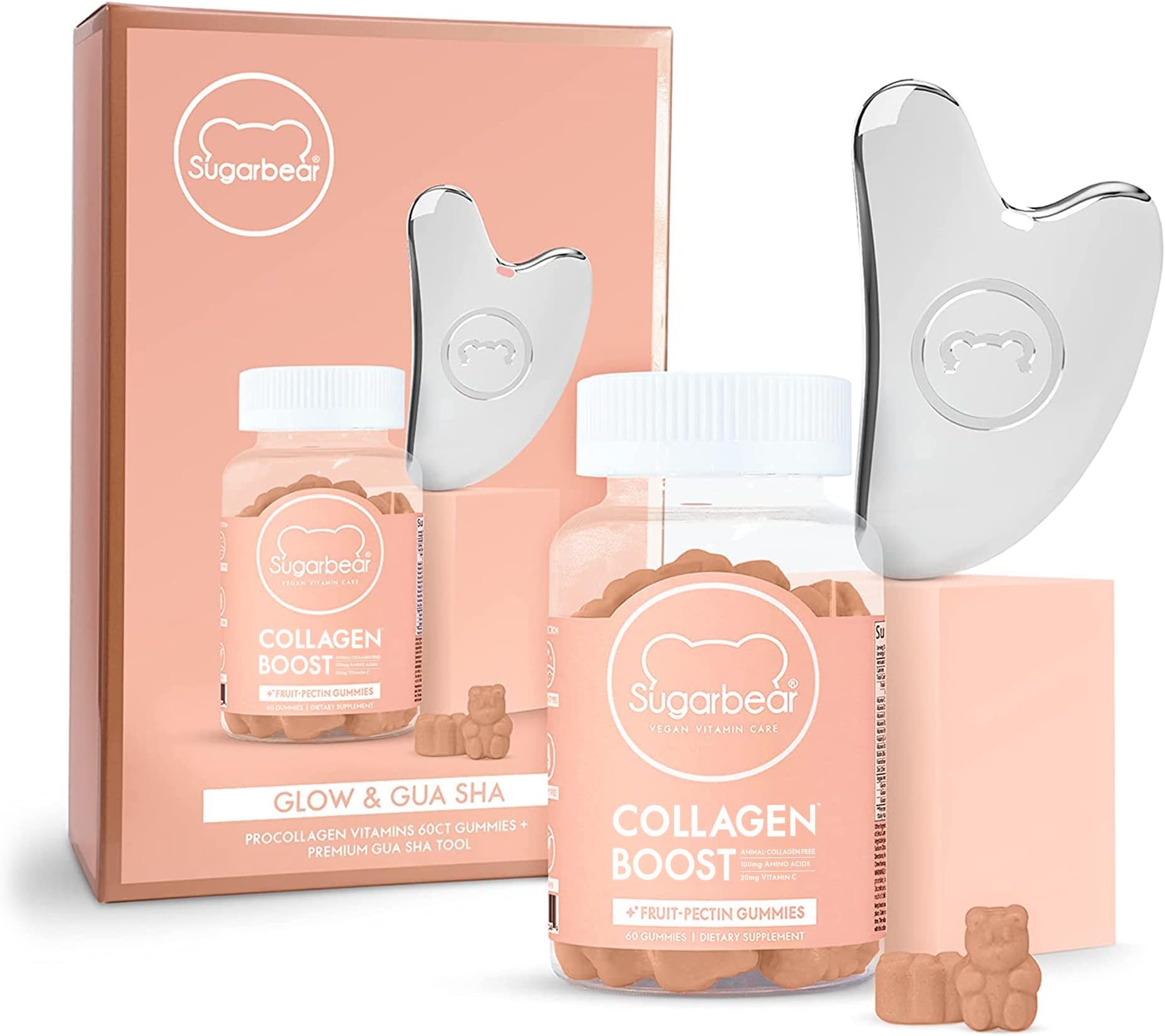 SugarbearPRO Collagen Boosting Multivitamin, Vegan Collagen Booster Gummy Vitamins with 100mg of Amino Acids, Vitamin C, Biotin & Vitamin D - Gua Sha Holiday Set