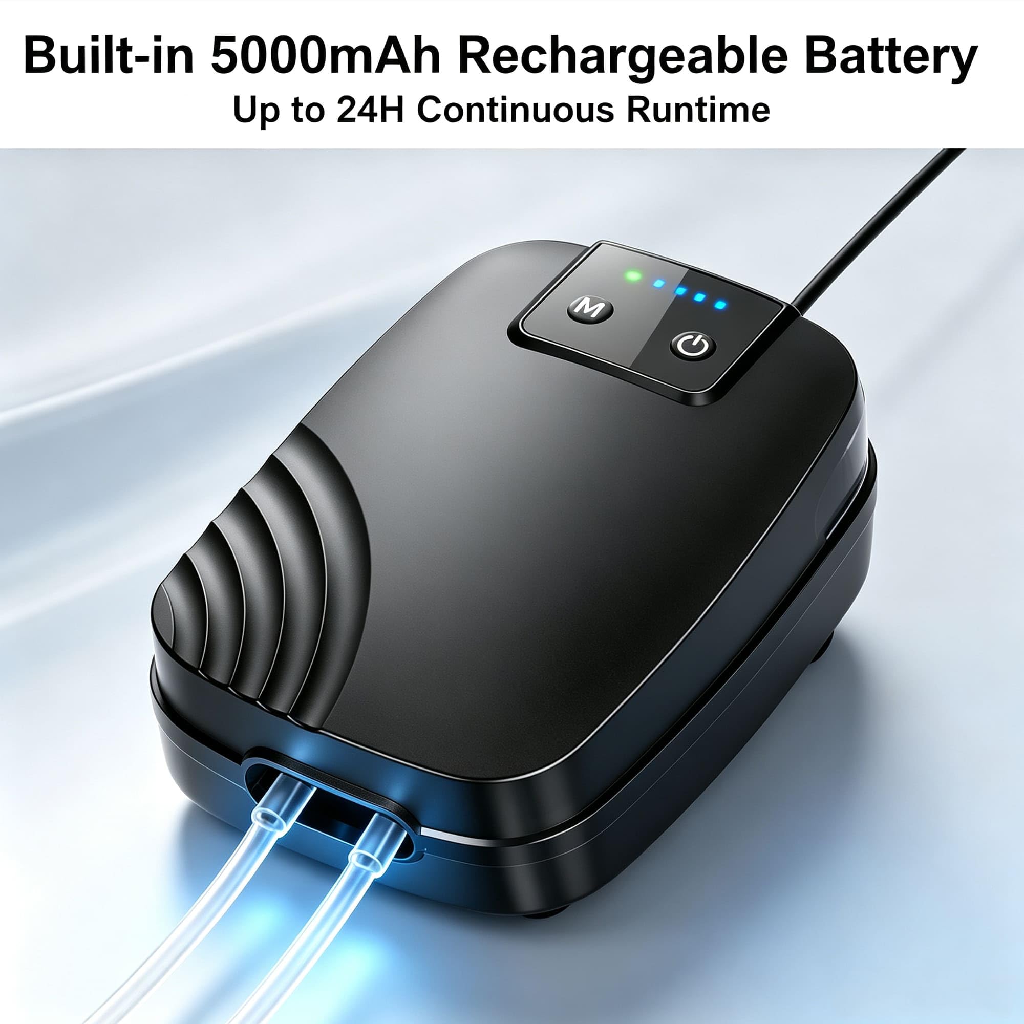 Biling Bomba de oxígeno para estanque, aireador de estanque con batería de 5000mAh enchufe EU, bomba de aire silenciosa de 40db con cable de 3,7m, manguera de 2,7m, 3 piedras de aire para estanque de