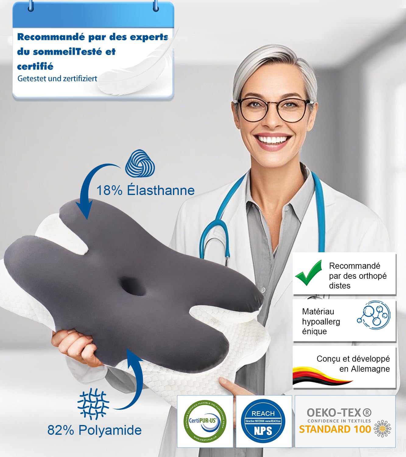 IDEA Oreiller Ergonomique Cervical, Oreiller Orthopédique à Memoire de Forme pour la Nuque, Oreiller Cervical pour Dormeurs sur Le Côté,Le Dos,Le Ventre, 60 x 40 x 9/11 cm