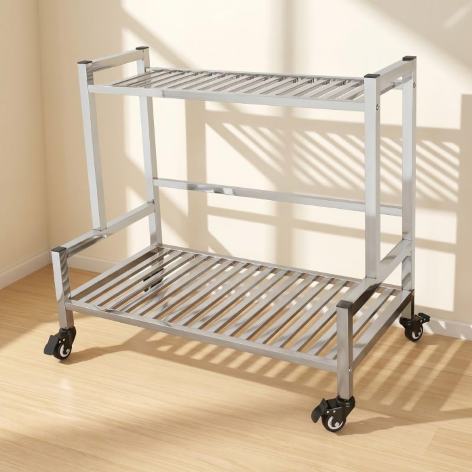 1 Porta Piante in Acciaio Inox Portavasi Scaffale Fioriera con Ruote a Doppio Ripiano Struttura Robusta Portata Elevata Uso Interno Esterno Adatto a , Lungo 100cm , Due Strati Con Ruote