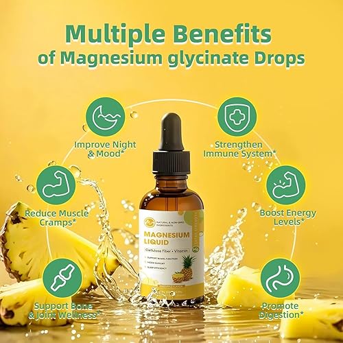 Miniatura 4 de M inch Líquido de glicinato de magnesio, gotas líquidas de magnesio de alta absorción con fibra de celulosa, bromelina, vitamina B6, C, D, zinc,