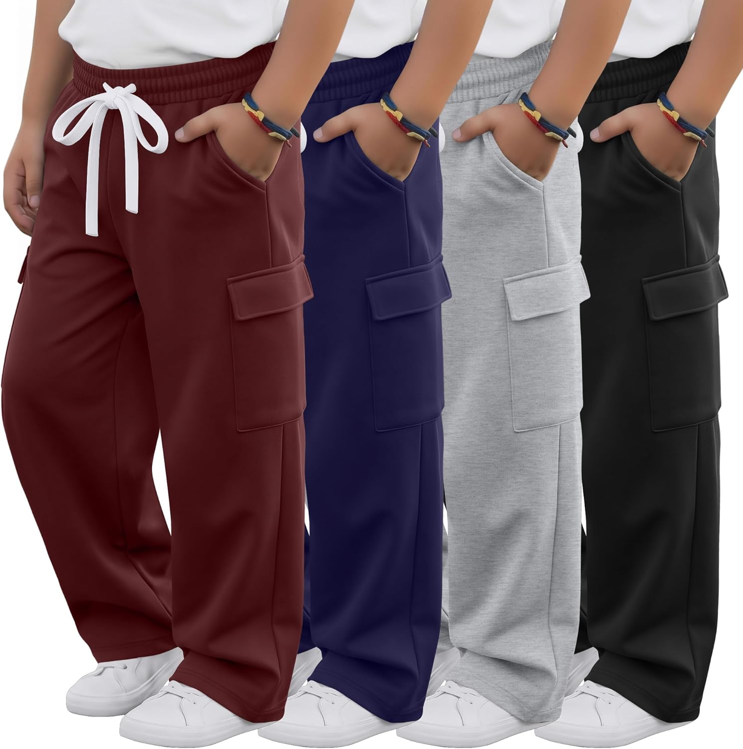 4 Pack Baby Boys' Cargo Sweatpants Toddler Straight Leg Elastic Waist Pants Athletic Open Bottom Jogger with Pockets