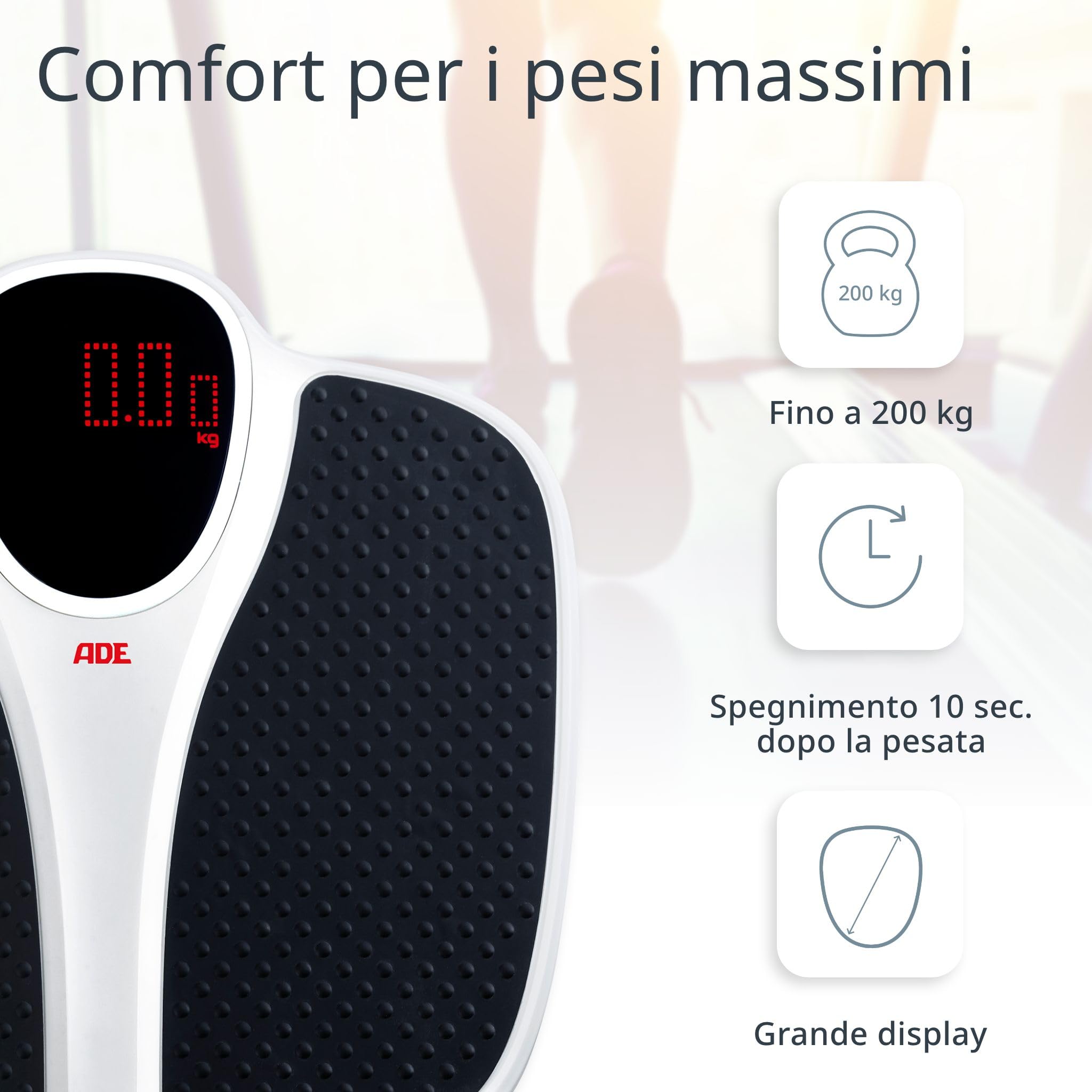 ADE Bilancia pesapersone digitale fino a 200 kg | superficie di pesatura extra larga e antiscivolo | display di facile lettura | perfetta per gli anziani | capacità di carico extra elevata