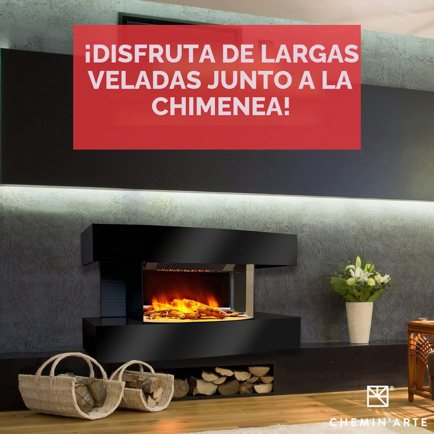 CHEMIN'ARTE Chimenea eléctrica de Pared con calefacción Lounge Medium Negra, Efecto de Llama Leds- Chimenea Decorativa bajo Consumo - Mando a Distancia