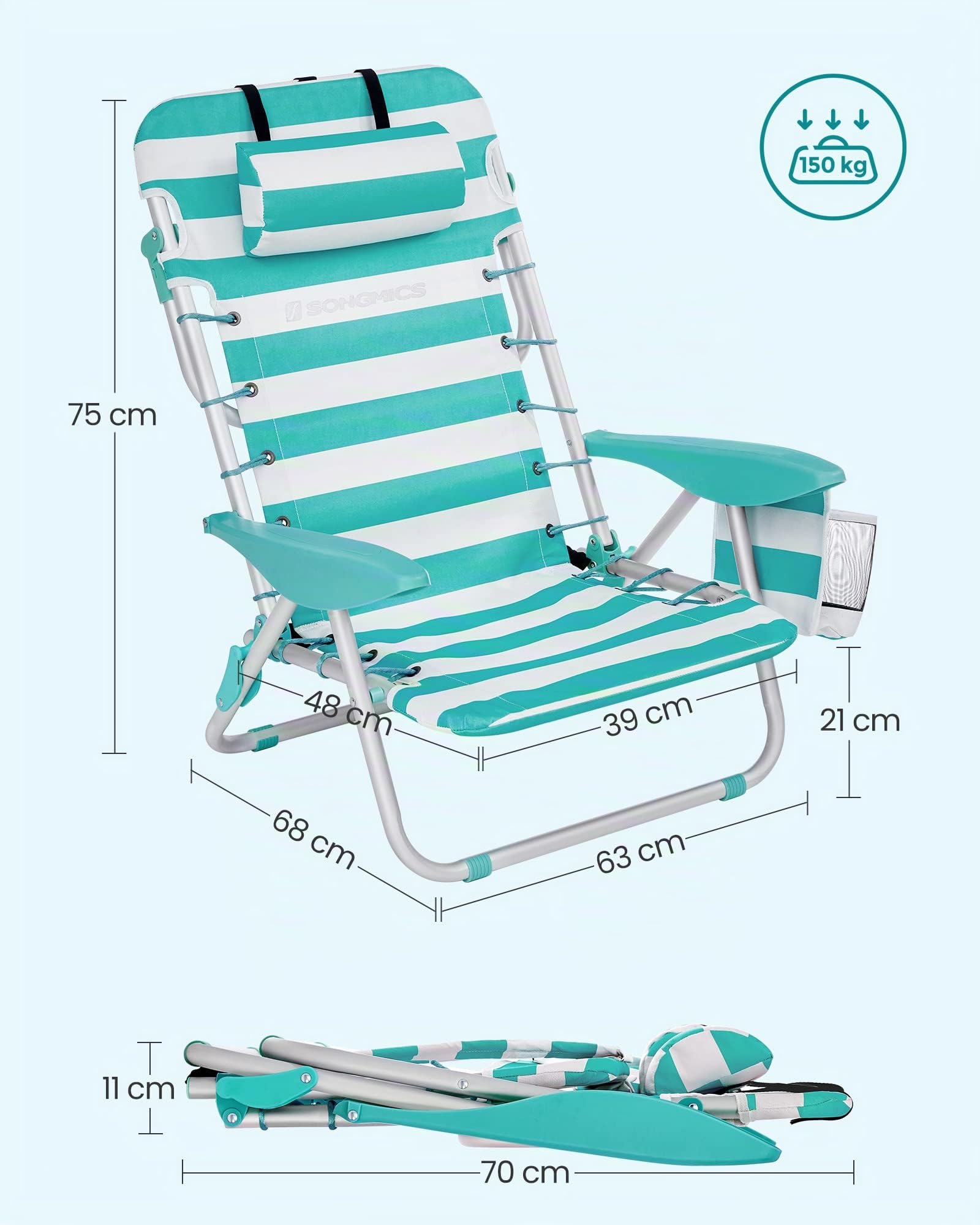 SONGMICS Sedia da spiaggia, sedia da campeggio pieghevole, con tracolla, schienale regolabile, poggiatesta, bracciolo, 2 tasche laterali, verde e bianco GCB62JW