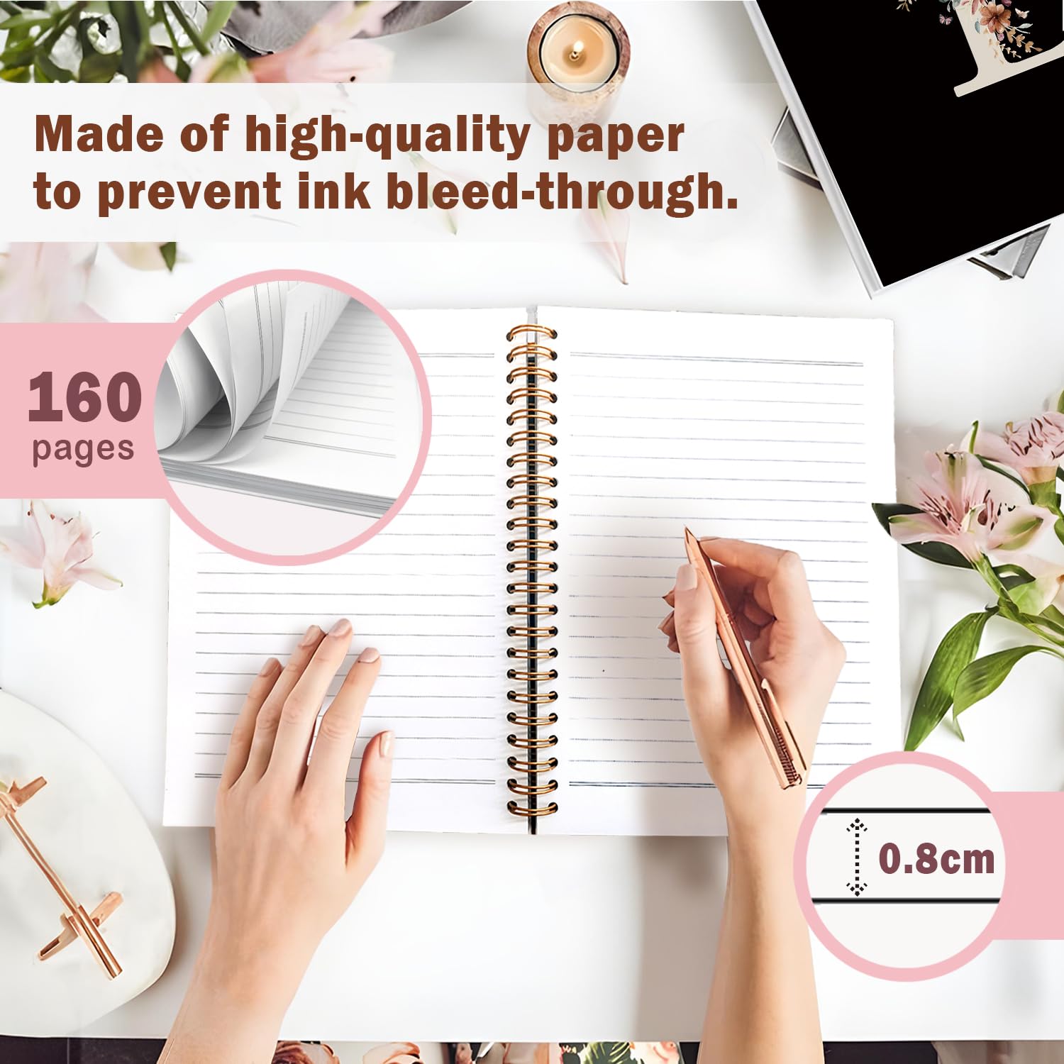 Lacama Simpatico diario scolastico con lettera iniziale L, taccuino a spirale nero personalizzato con fiori di campo estetico, materiale scolastico, regali con monogramma personalizzato, regali di
