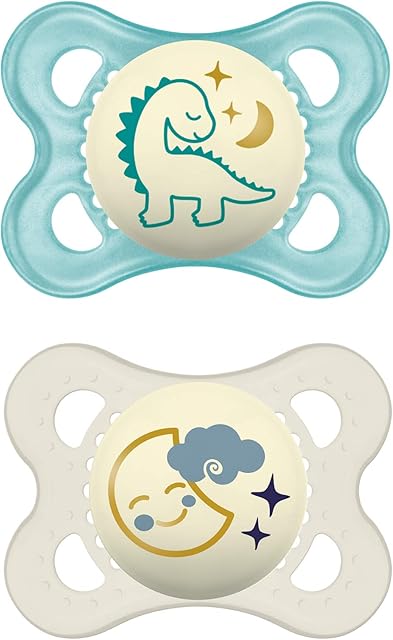 MAM Night Glow in the Dark Silicone Pacifier, Blue, 2-Count