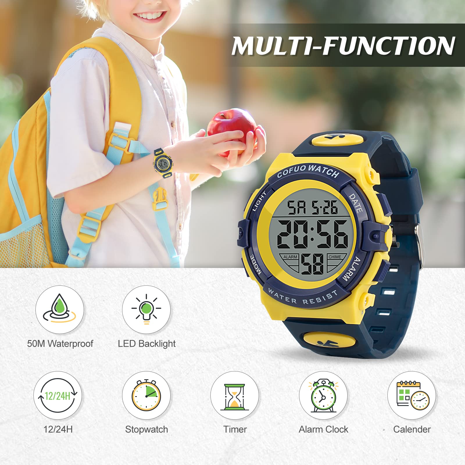 cofuo Orologio sportivo digitale per bambini e ragazzi, impermeabile, casual, elettronico, al quarzo, 7 LED colorati, con sveglia, cronometro, cinturino in silicone luminoso
