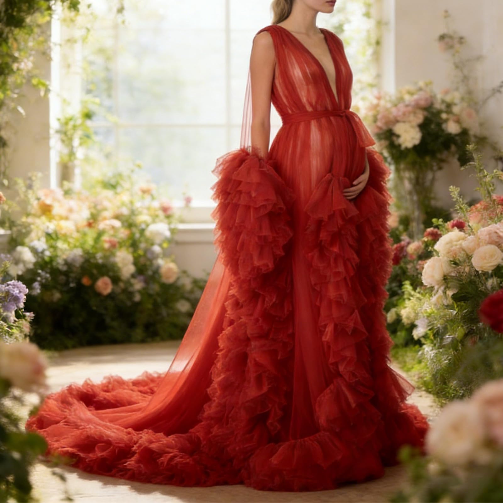 Elegante vestido de maternidad con malla de poliéster transpirable para fotografía de embarazo y eventos especiales. Vestido elegante