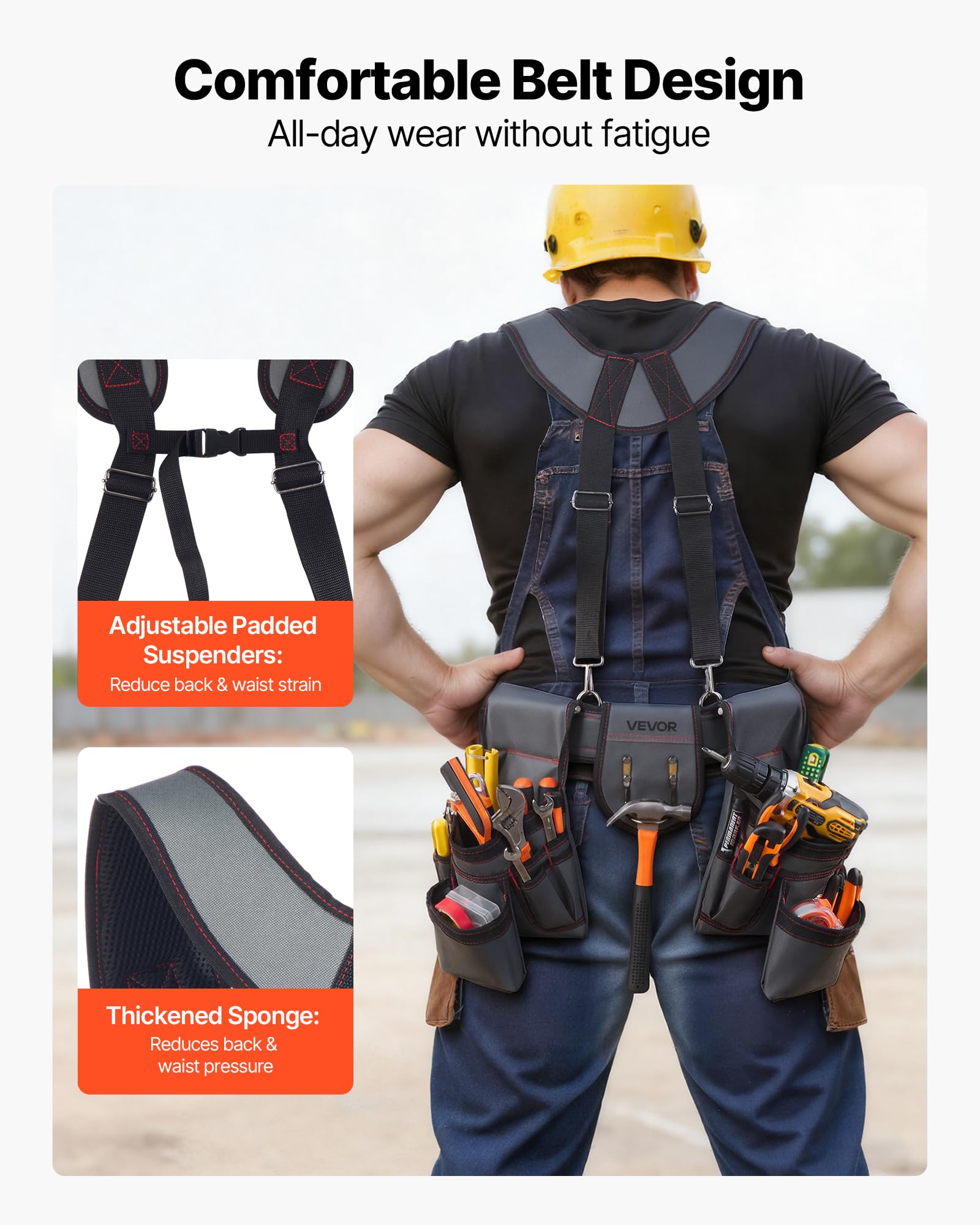 VEVOR Ceinture Porte Outil Bretelles 22 Poches Ceinture à Outils Tour de Taille Ajustable 81-173 cm Sacoche Charpentier Sac à Outils Amovible pour Électricien Construction Homme Chantier Bricolage