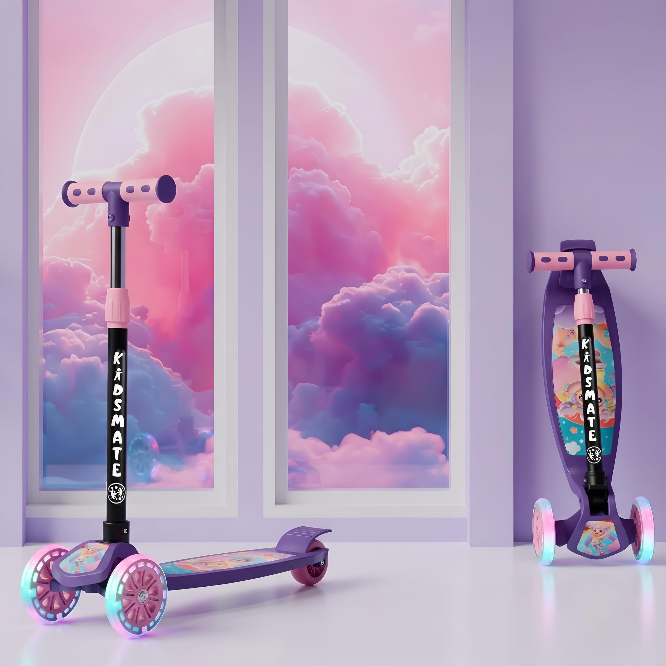 Kidsmate Flashwheel 3 Wheel Kick Scooter for Kids 2-12 Years | LED Light-Up Wheels | Foldable Kids Scooter | 3-Level Adjustable Height | Lean-to-Steer with Rear Brake for Boys & Girls (Pink Purple)-image-31