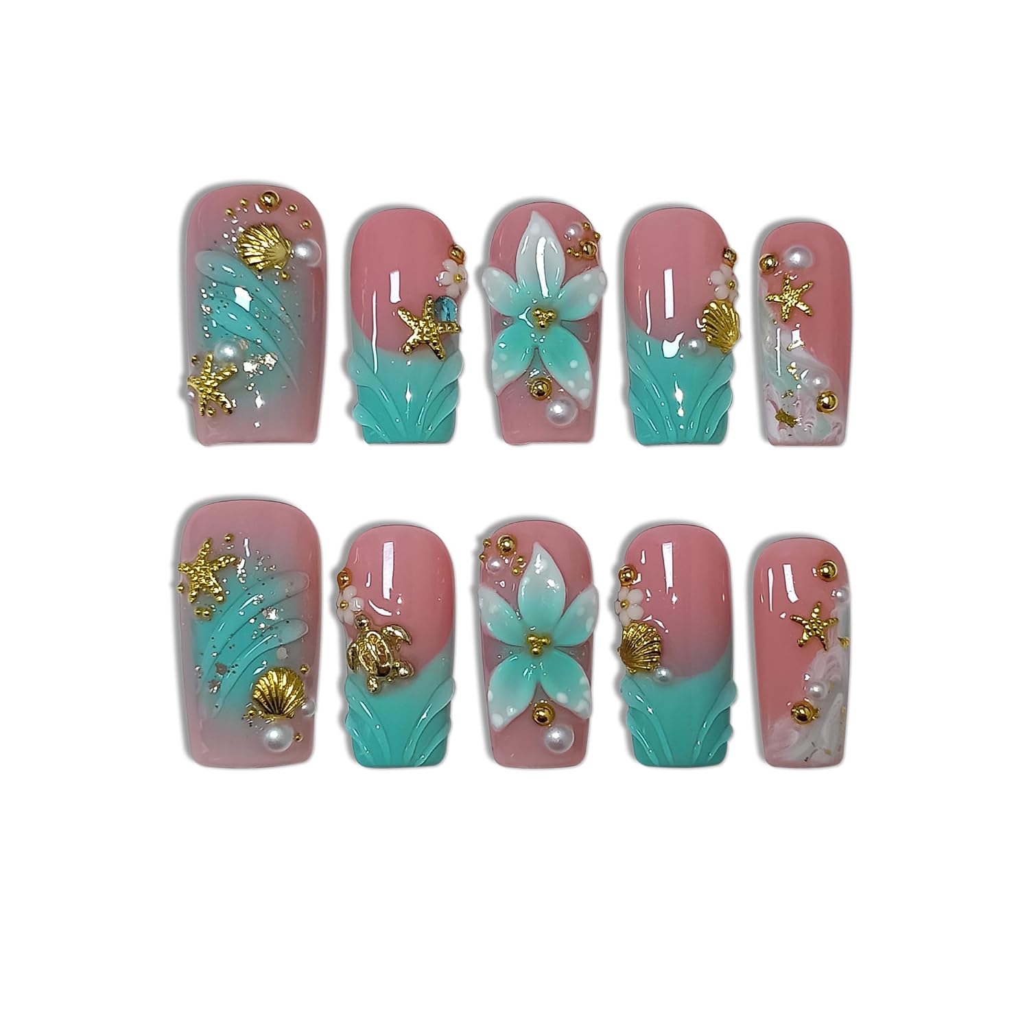Medium Coffin Press on Nails Emerald Green Ombre Shell(L)